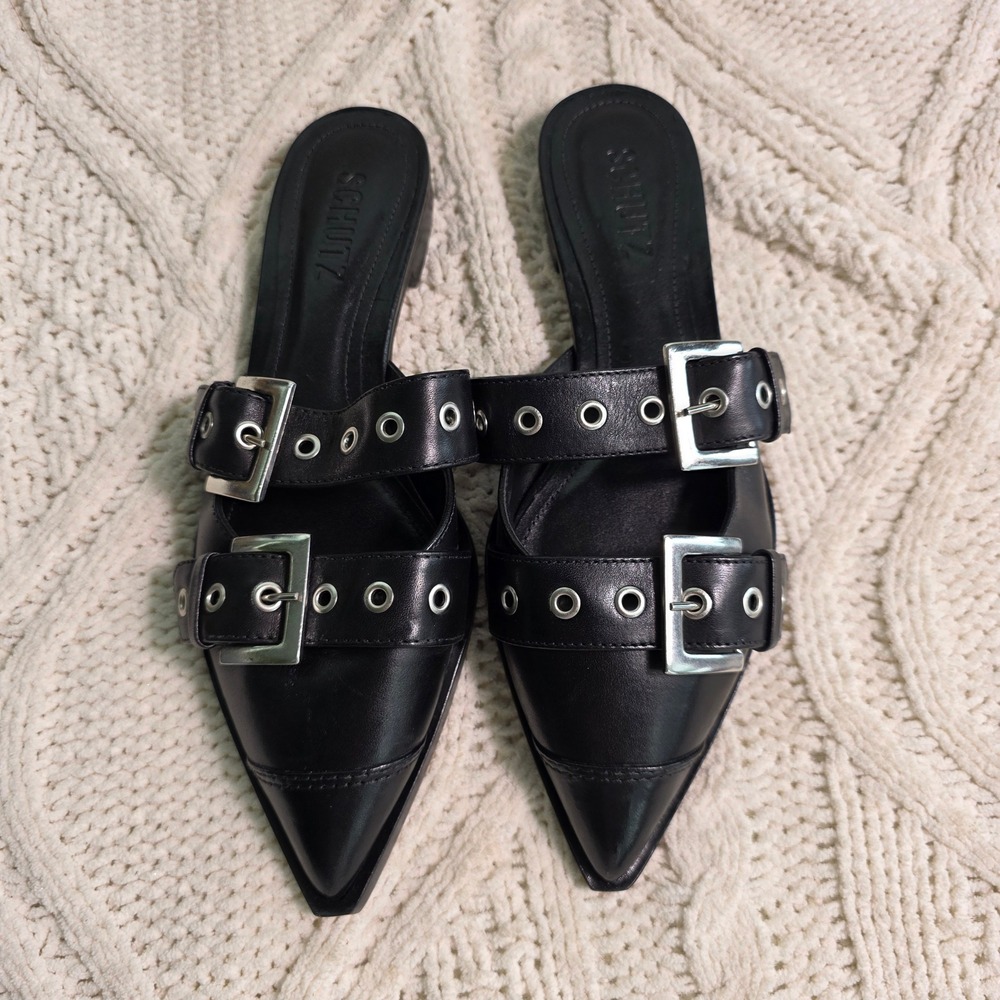 Schutz Penny Flat Leather Mules Black Double Moto Buckle Pointed Toe Women 6 NEW